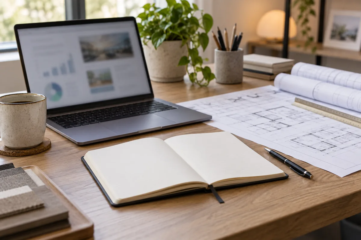 A laptop, blank notebook and building plans on a campaign planning desk