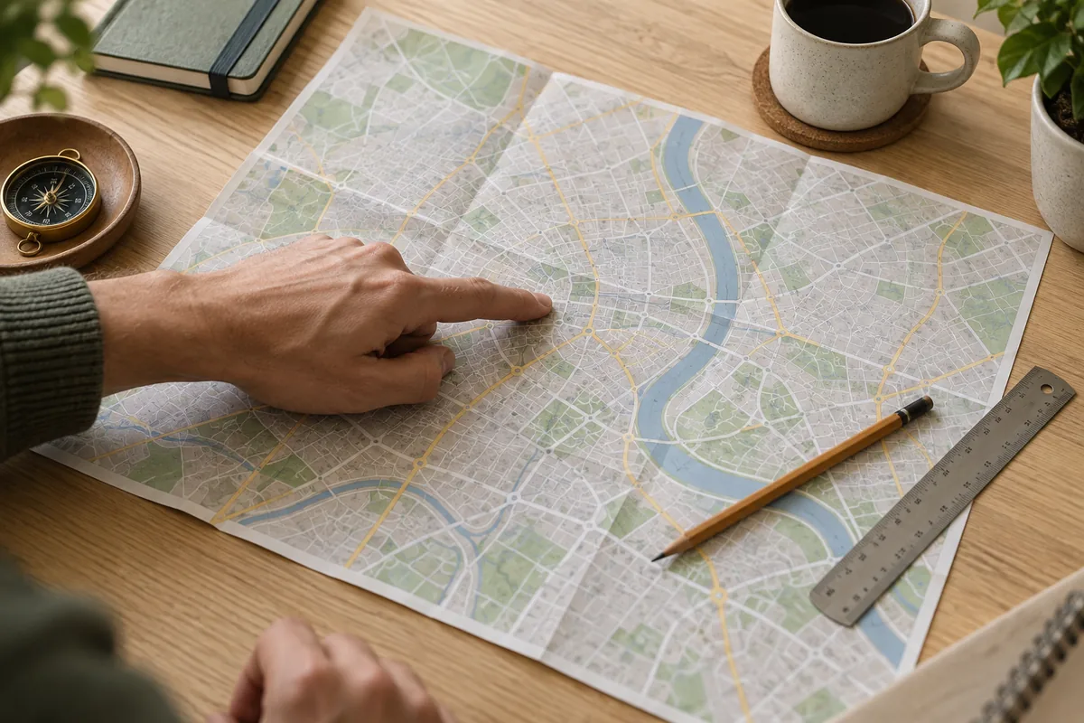 A hand planning a service territory with a map, pencil and ruler