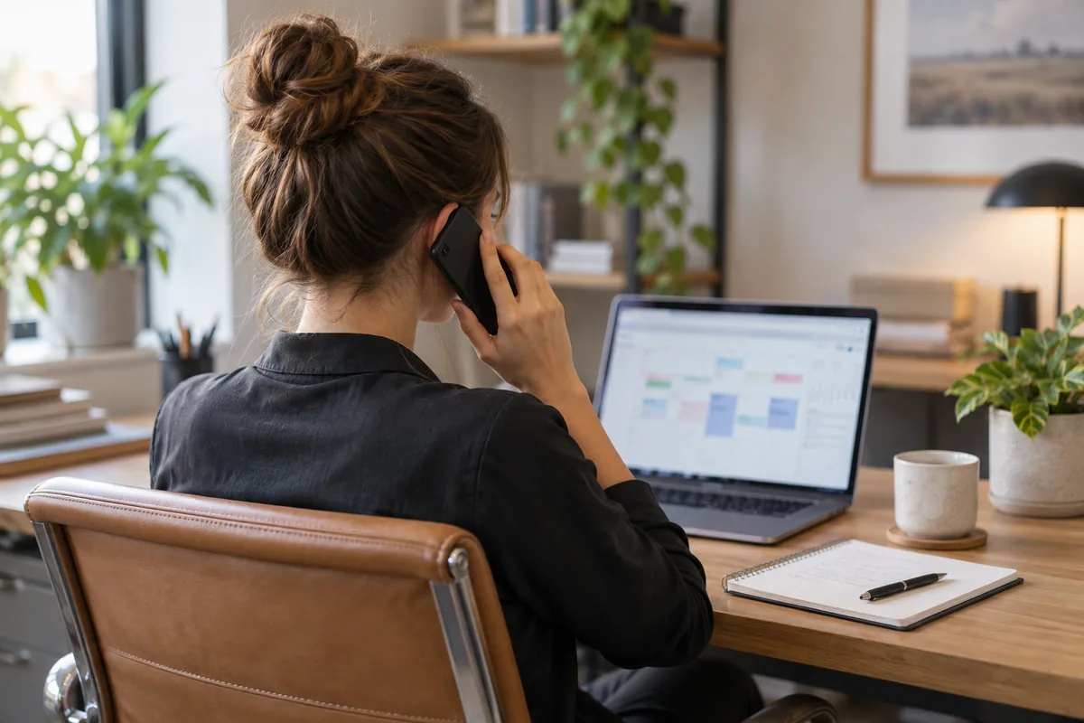 An office coordinator on a phone call beside a laptop, calendar and notebook
