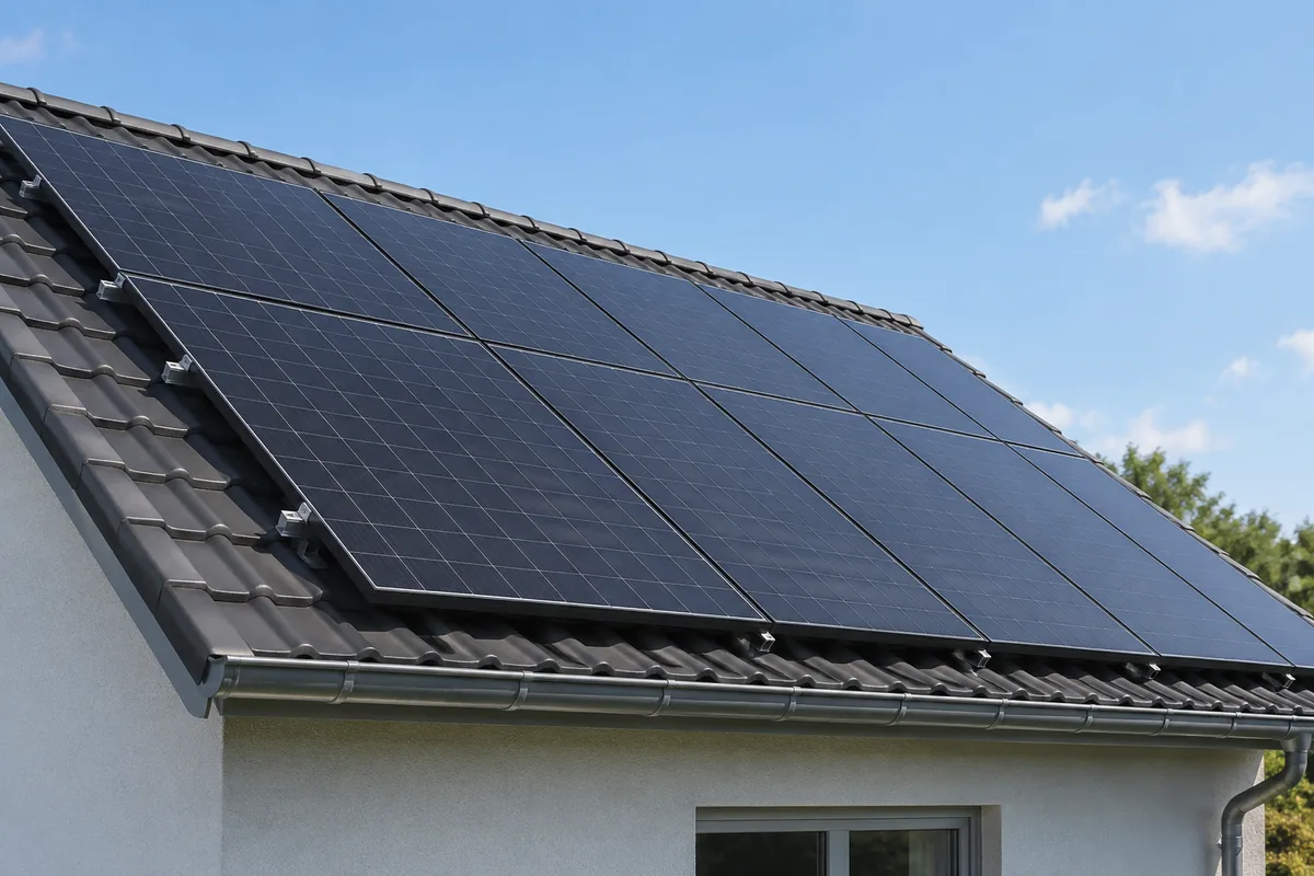 Solar panels installed on the sloping roof of a home